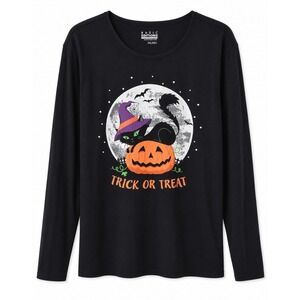 Basic Editions Halloween Trick or Treat Black Cat Pumpkin Long Sleeve Top XXL